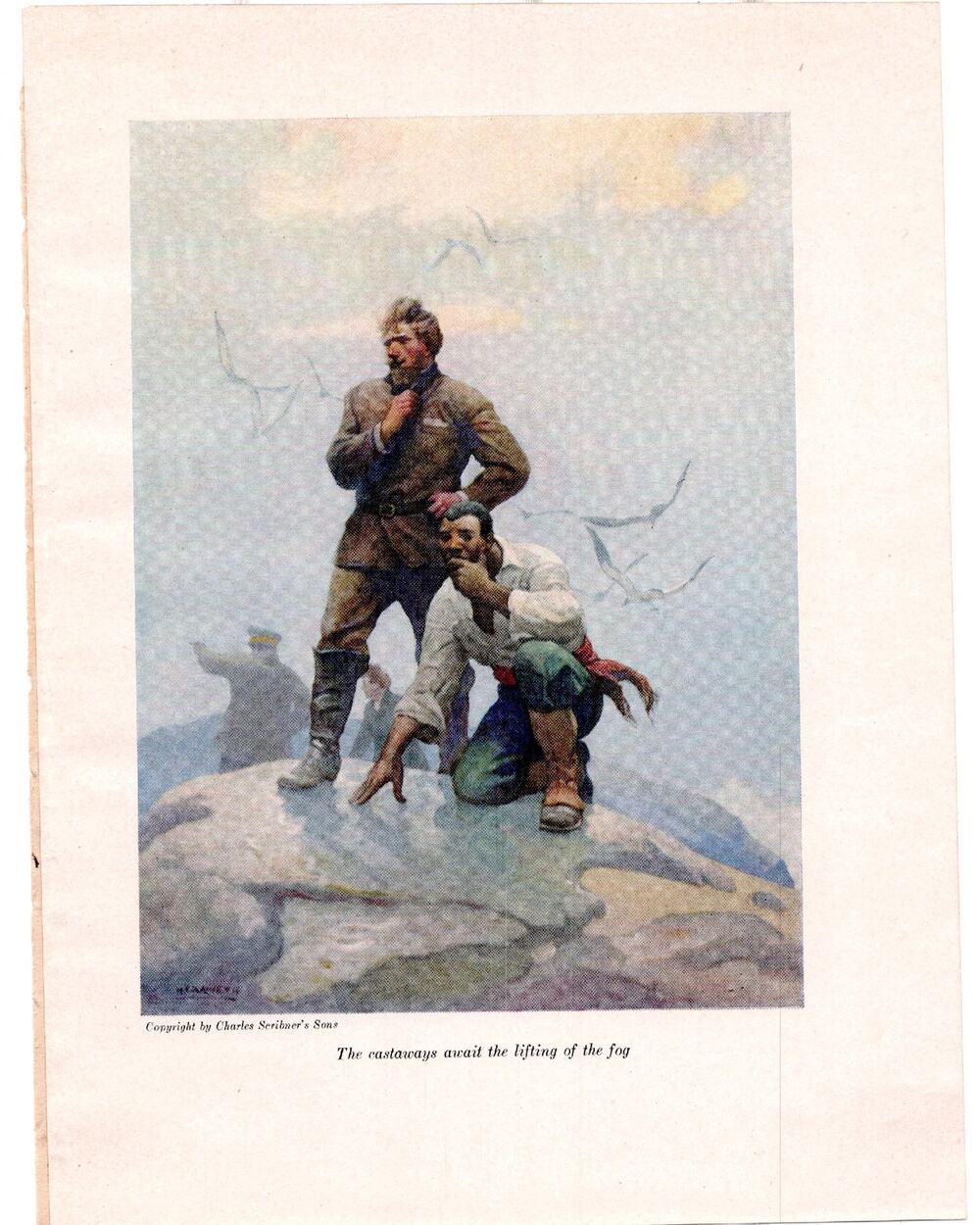 Mysterious Island Illustration NC Wyeth Castaways Await the Lifting of the Fog